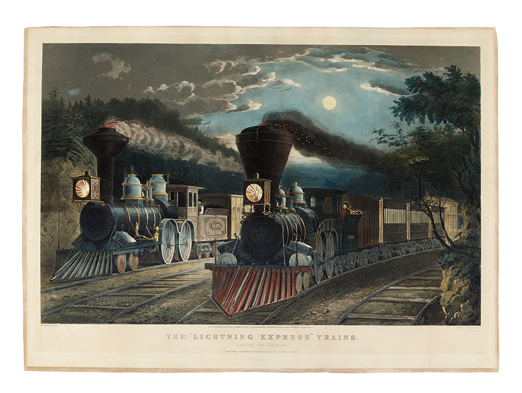 CURRIER & IVES; and PALMER, FRANCIS FANNY. The Lightning Express Trains. Leaving the Junction.